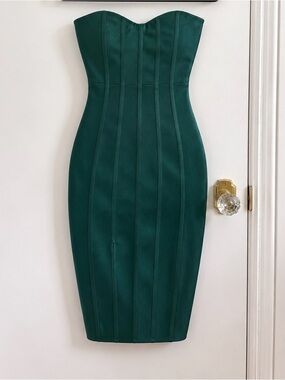 Strapless Emerald Green Bodycon Midi Dress